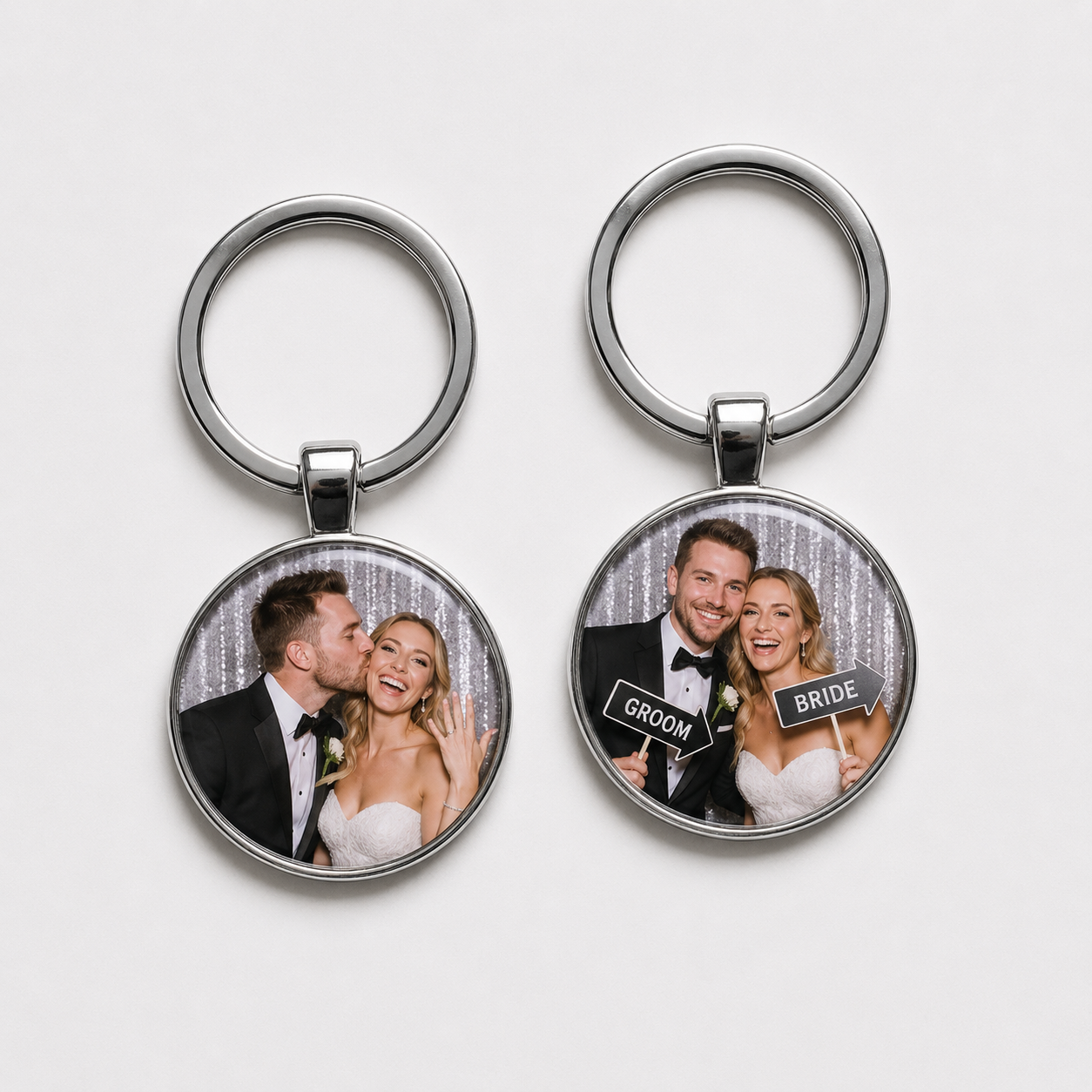 Round metal photo keychains with wedding couple photos — GROOM and BRIDE personalized keepsakes